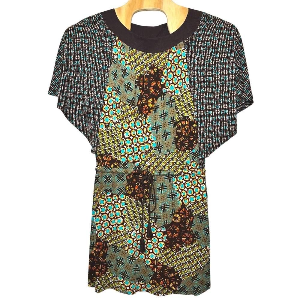 Uncle Frank Womens Poncho Sleeve Geometric Patchwork Dress Brown Multi Medium